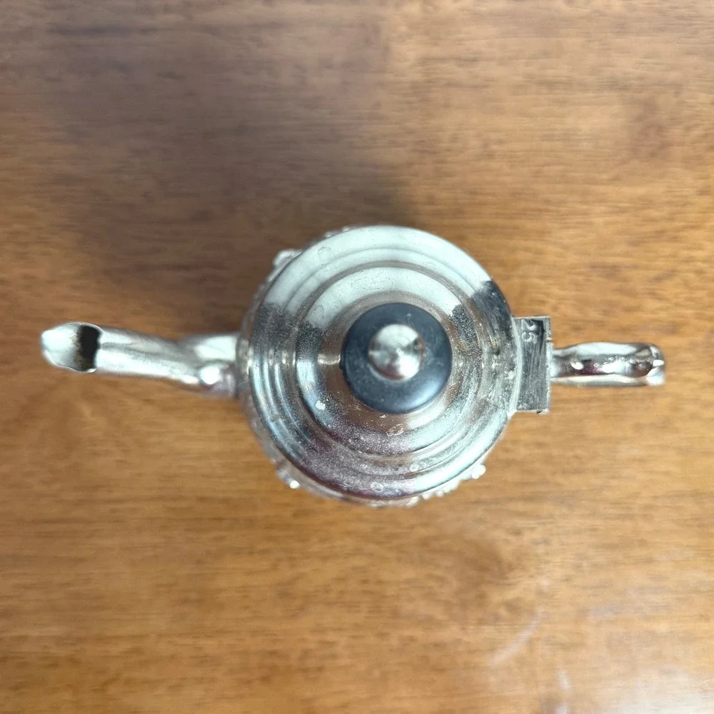 VTG Moroccan Silver Plate Teapot Repousse Footed Fez Style Wood Finial Signed